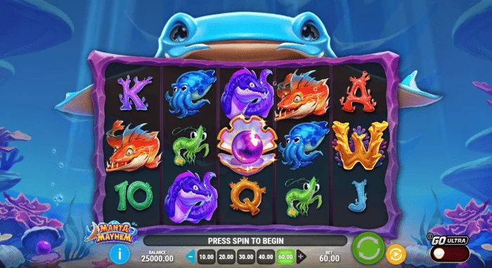 Manta Mayhem — spēles ekrāns ar ruļļiem un raju